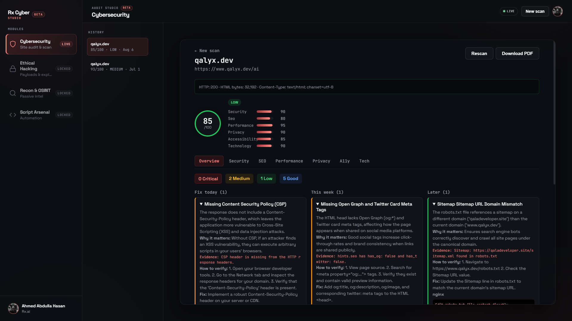 RX VeX workspace — URL scan, live progress, and scored security report